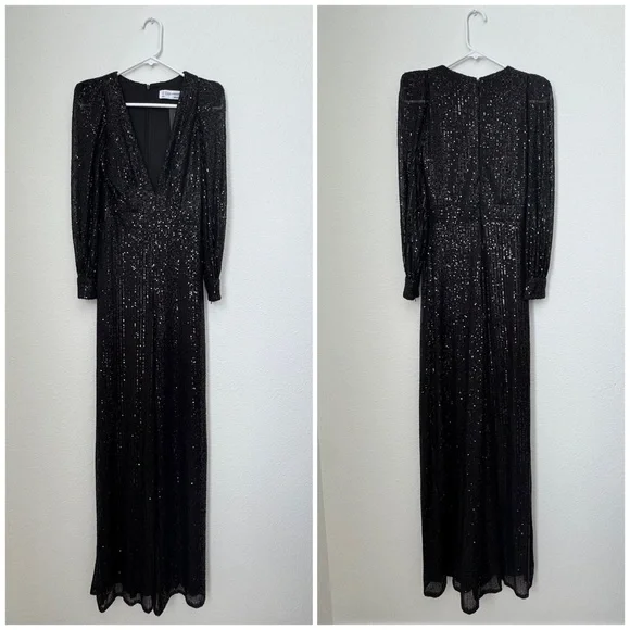 Mac Duggal Ieena Long Sleeve Wide-Leg Sequin Jumpsuit NWT in Black 2 - Picture 2 of 16
